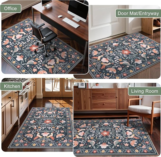 Anidaroel 36"x48" Office Chair Mat for Hardwood Floor, Black Floral Computer Chair Mat, Anti-Slip Vintage Under Desk Rug for Office, Low Pile Bird Bug Office Rugs for Rolling Chairs