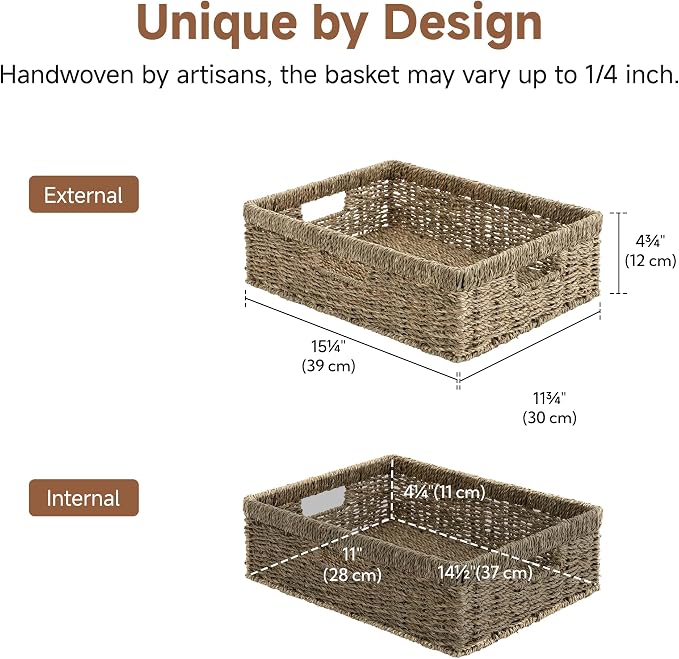 StorageWorks Pantry Baskets, Wicker Storage Baskets, Shallow Basket, 1-Pack | Seagrass Baskets, Wicker Storage Baskets for Organizing, Pantry Organizers and Storage, Woven Baskets, 15¼"L x 11¾"W x 4 ¾"H
