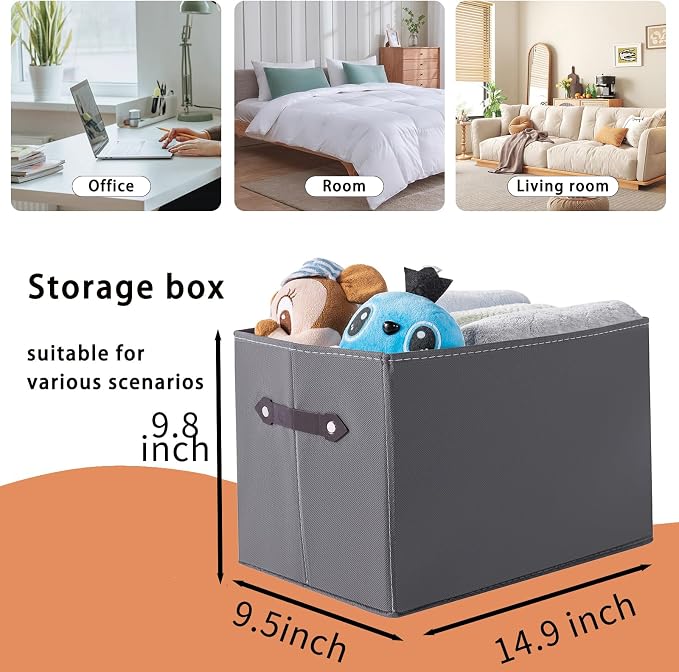 1 Pack Large Collapsible Storage Baskets for Shelves,14.9"x9.5" Fabric Closet storage Boxes with Leather Handles,Decorative Organizers Storage Bins for Clothes,Sheets,Toys,Books,(Gray)
