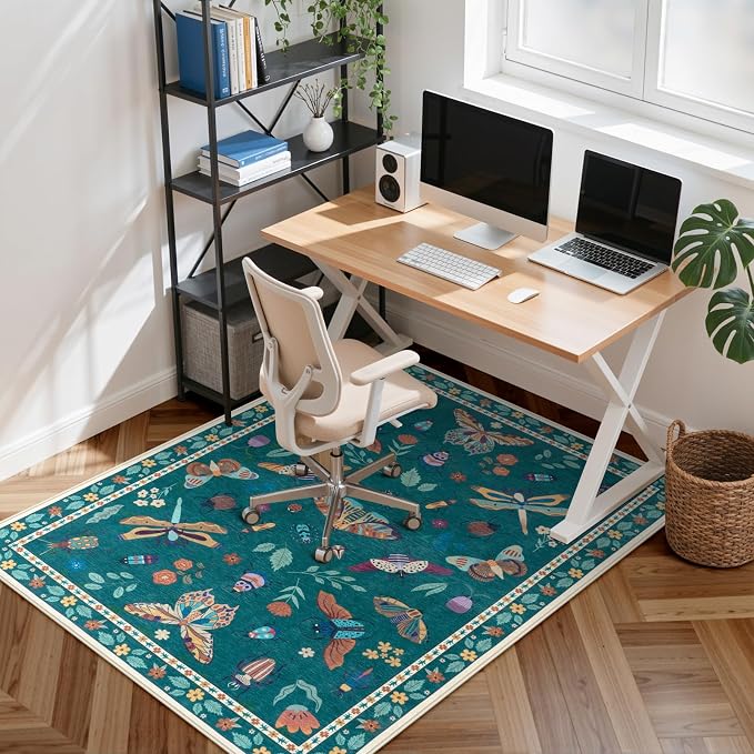 Anidaroel 48"x60" Office Chair Mat for Hardwood Floor/Tile, Anti-Slip Desk Rug for Offices, Insect Print Dark Green Office Rugs for Rolling Chairs, Low Plie Gaming Chair Mat for Hardwood