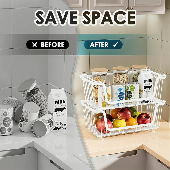 4 Pcs Stackable Wire Baskets for Pantry Organizers and Storage, | Vegetable Fruit Basket for Countertop,Kitchen Storage Metal Baskets,Produce Potato Onion Storage Bin,White
