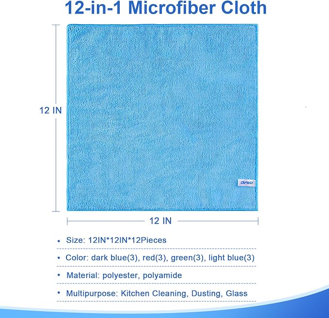 Microfiber Cleaning Cloth, 12Pcs, 12" x 12", High Density, 4 Colors | Household Cleaning Rags, 293GSM, Ultra Absorbent, Reusable Cleaning Supplies for Kitchen Towels, Glass Dish Cloths, Dust Rag