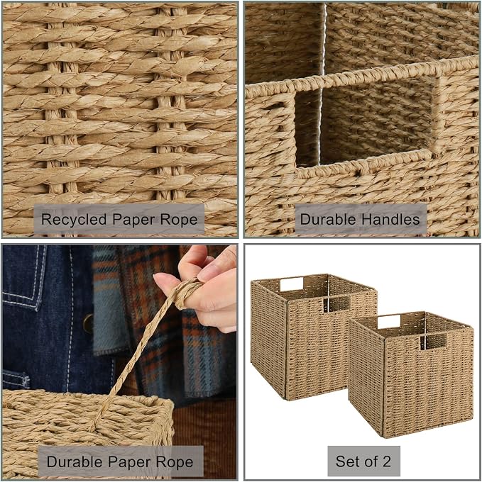 Vagusicc Wicker Baskets, Set of 2 Hand-Woven Storage Baskets for Shelves with Handles, Foldable Cube Wicker Storage Basket Bins Organizer 13 Inches Large Woven Baskets for Storage Organizing & Decor