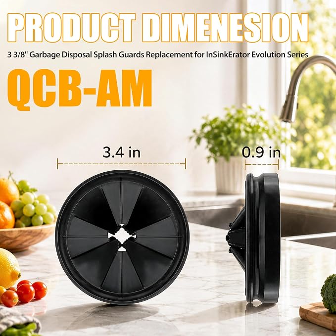 3 3/8" Garbage Disposal Splash Guard Replacement for InSinkErator Evolution | QCB-AM rubber Drain Insert, Sink Baffle, Garbage Disposer Accessories, Upgraded Removable Quiet Collar Drain Plugs, Black