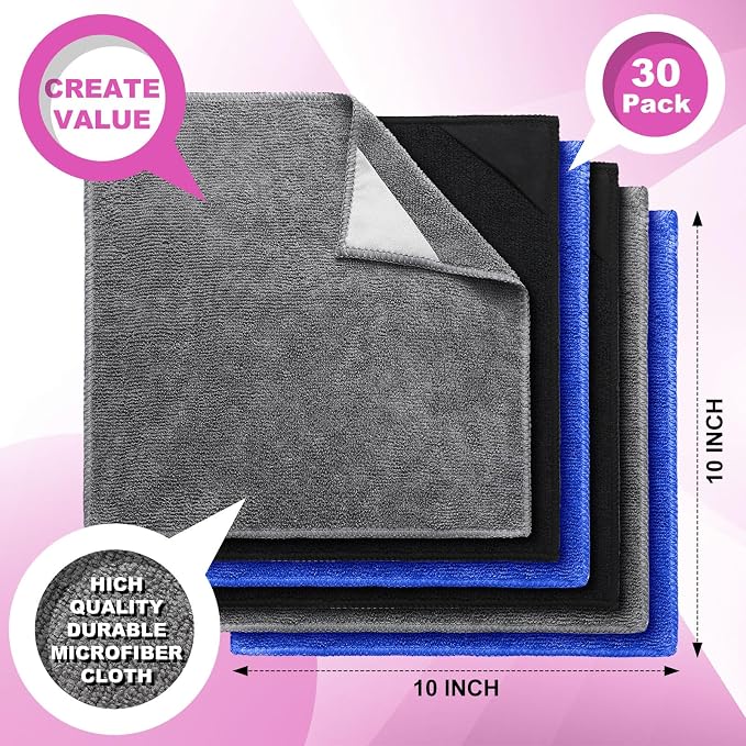 Tudomro 30 Pcs Magnetic Microfiber Cleaning Cloth, Black, Gray,Blue | 10'' x 10'', Dry Erasers Bulk, Whiteboards Dry Erase Cloth, Cleaner Reusable, Home, Office,