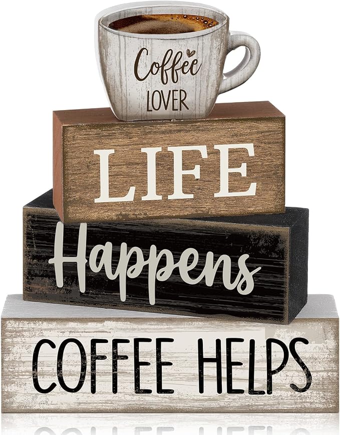 Moucuny 4 Pcs Wooden Coffee Bar Signs Farmhouse Table Decor Blocks | Stackable Rustic Blocks with Quotes, Tiered Tray Accessories, Kitchen Countertop Centerpiece, Home Cafe Corner Decorations
