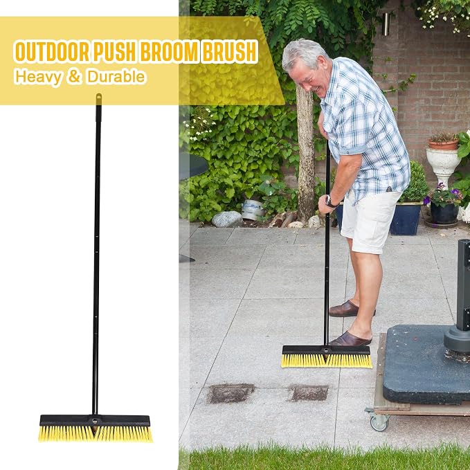 Zhehao 6 Pack 18 Inches Push Broom Outdoor, Multi Surface Garden Brush Broom with Adjustable 63" Long Handle for Deck, Driveway, Patio, Warehouse, Garage, Yard, Concrete Floor Cleaning (Yellow)