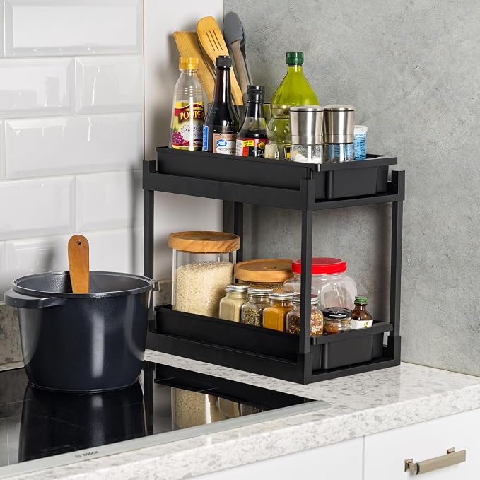 IRIS USA Under Sink Organizer, 4 Pack, Pull Out Storage Drawers | Tool-Free Assembly, 2-Tier Cabinet Storage, Space Saving, Vertical Spice Rack