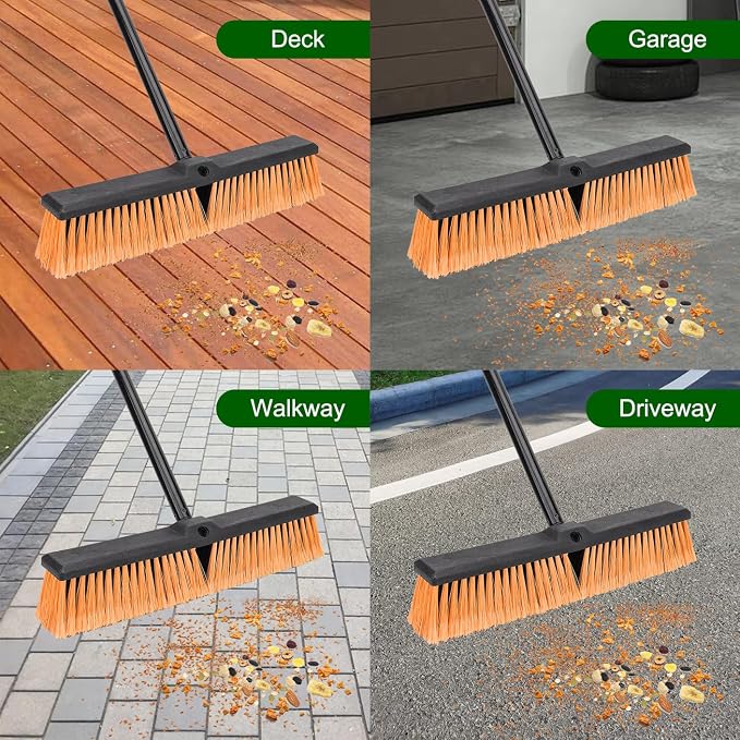18 Inches Push Broom Outdoor- Heavy Duty Commercial Broom with 64.5" Long Handle and Stiff Bristles for Patio Garage Deck Concrete Wood Stone Tile Driveway Yard Warehouse Shop Floor Cleaning Broom