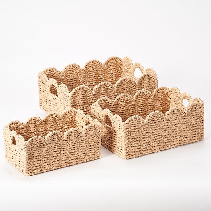 Scalloped Wicker Baskets Set of 3, Hand-Woven Storage with Handles | set of 3 beige scalloped baskets with handles. Hand-woven paper rope for shelves, bathroom or closet. Stackable, sturdy.