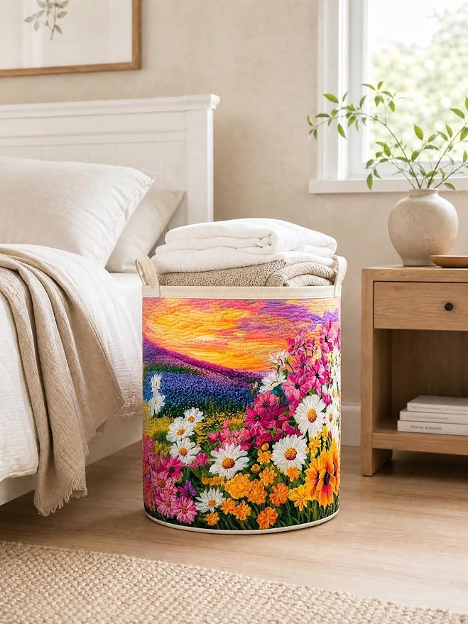 Quilted Laundry Basket with Handles, Boho Floral Quilted Storage Hamper, Large Capacity Laundry Hamper for Nursery Bedroom Laundry Room Home Decor (Pattern 01, Small (18"H x 14"W x 14"L))