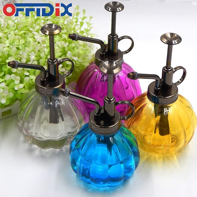 OFFIDIX Glass Spray Bottle Blue Plant Mister Vintage Pumpkin Water Can6.7oz | Spritzer Bronze Plastic Top Pump, 6.3" Tall, 200ml One Hand Small Watering Can Mister for Plants, Fine Mist Spray Bottle
