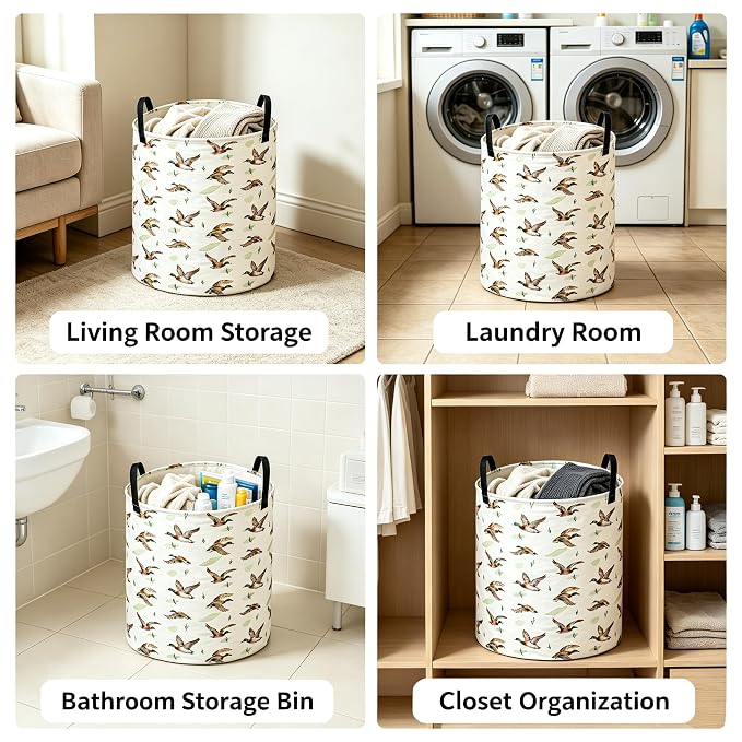 Collapsible Round Storage Basket,Waterproof Soft-Sided Organizer,Gift Baskets(Flying Mallard)