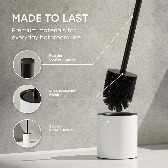 Toilet Bowl Brush and Enclosed Holder Set – White | Freestanding toilet brush set with durable steel holder and integrated splash guard lid in clean matte white