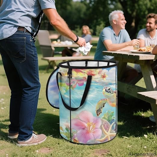 Floral Turtle 24 Gallons Collapsible Camping Trash Can with Lid Waterproof Pop Up Garbage Can for Outdoor Large Capacity Reusable Trash Bin for Yard Lawn Garden Garbage Bag