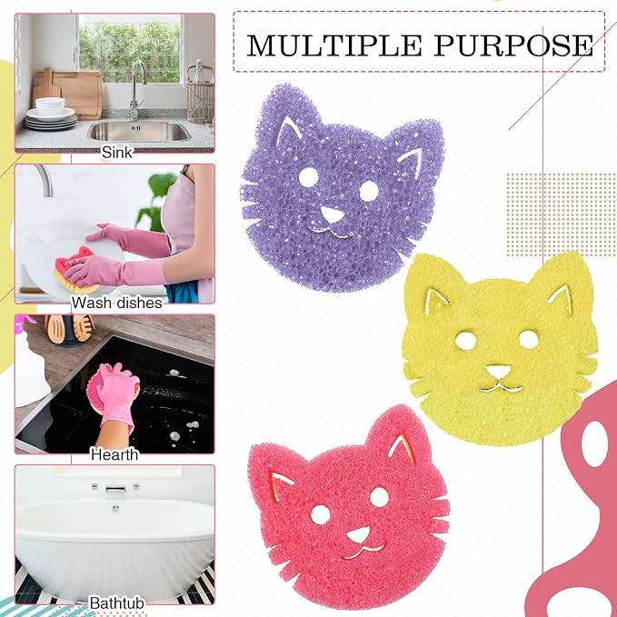 FillTouch Cat 3 Pcs Scrub Sponge, Pink, Yellow, Purple | Soft Non-scratch Cat Sponge, Dual Sided, Temperature Sensitive, Easy Clean, Multi Functional Sponge for Kitchen, Bathroom
