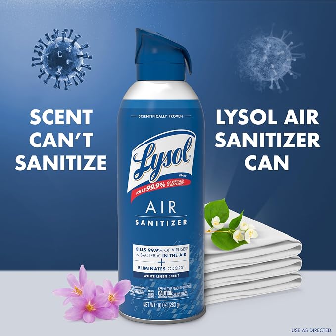 Lysol Air Sanitizer Spray with Bacterial Odor Eliminator for Home & Office, Sanitizing Air Spray, Air Freshener Alternative, White Linen Scent, 10 oz (Pack of 6)