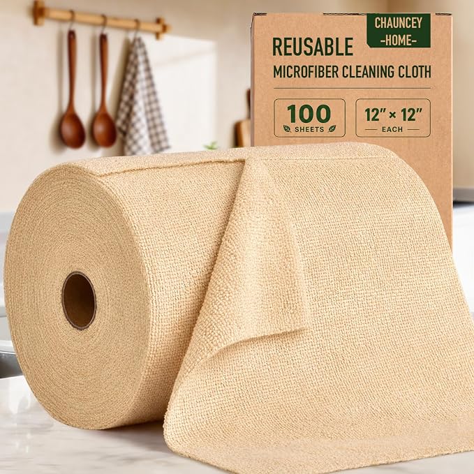 Reusable Microfiber Cloth Roll - 100 Pack, 12"x12" Washable Tear-Away Towels. Fits Paper Towel Holders. Lint-Free & Streak-Free Rags for Kitchen, Glass, Cars, Electronics (Wheat Beige)