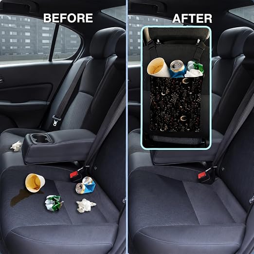 Dark Cottagecore Floral Car Trash Bag Hanging for Back Seat | Moody Crescent Moon Botanical Canvas Drawstring Car Garbage Bag with Adjustable Buckle Vehicle Trash Can