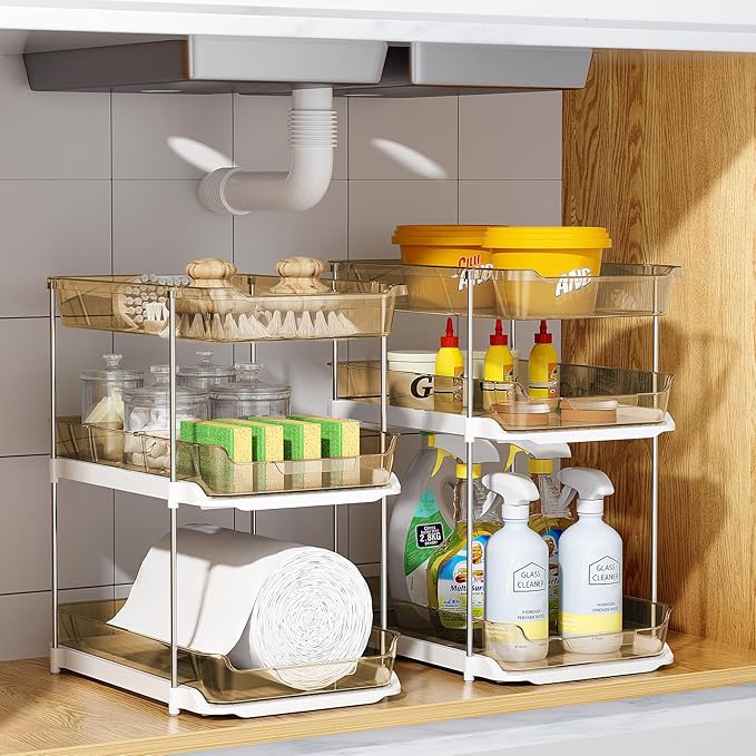 Delamu 2 Pack 3-Tier Bathroom Under Sink Organizers and Storage, Multi-Purpose Stackable Pantry Organization and Storage, Pull Out Clear Kitchen Bathroom Cabinet Organizer with Movable Dividers, Amber