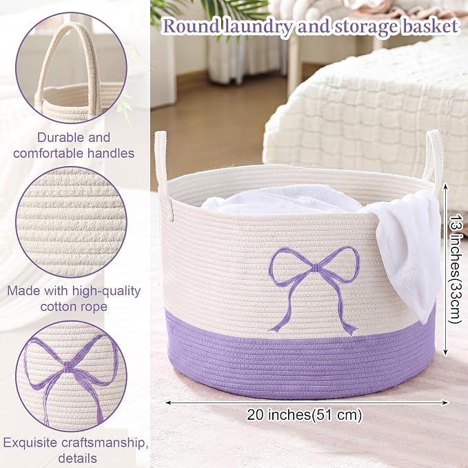 Honeydak Large Laundry Basket Purple Bow Hamper 13 x 20 Inches Laundry Basket Cotton Rope Purple Hamper Coquette Bow Room Decor Storage Blanket Toys Clothes Organization for Teens Girls