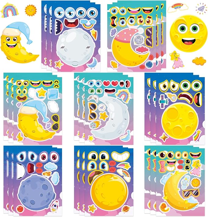 24 Sheets Moon Make a Face Sticker, Moon Mix and Match Stickers DIY Crafts for Home School Classroom Activity Reward Party Favors