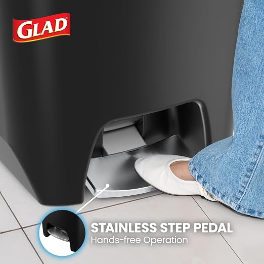 Glad Premium Trash Can with Clorox Odor Protection, 20 Gallon, Black | Plastic Kitchen Waste Bin | Hands Free with Stainless Steel Foot Pedal and Garbage Bag Rings