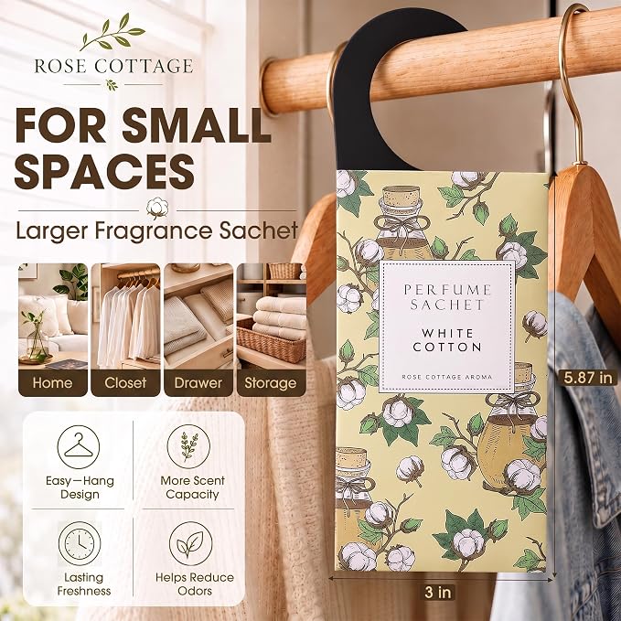 Large 12 Packs White Cotton Hanging Scented Sachets Long-Lasting Closet Deodorizer Air Freshener Fabric Refresher Odor Eliminator for Drawer Home Fragrance Gift Set