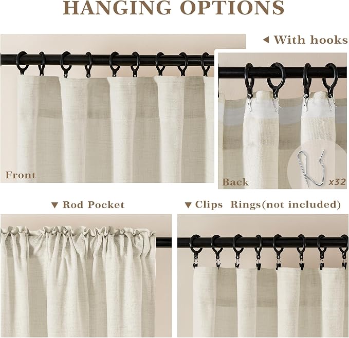 Natural Linen Cafe Curtains 45 Inch Length Small Window 2 Panels | Privacy Light Filtering Semi Sheer, Cream Drape, Rod Pocket, Hook Belt, for Kitchen Bathroom RV, Short Curtain 45 Inches Long