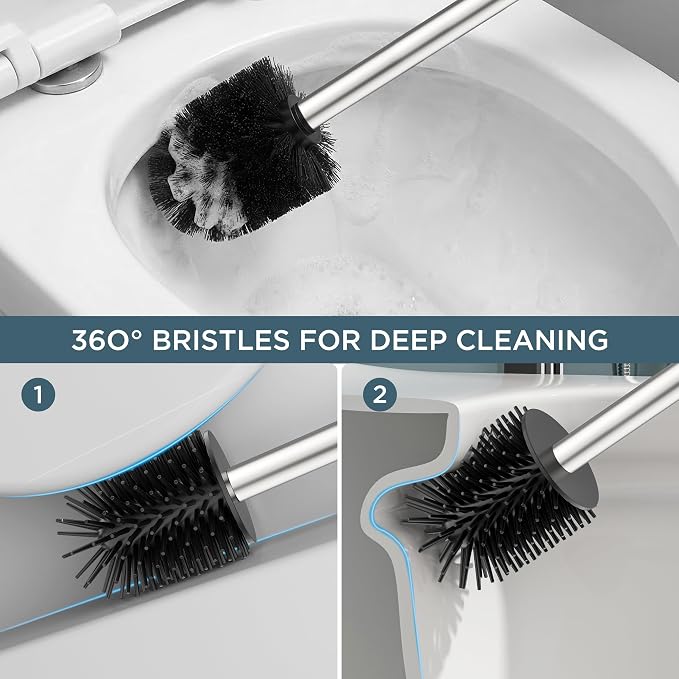 FORIOUS Stainless Steel Toilet Bowl Brush Scrubber and Holder Set Tall | Brushed Nickel, Extended Handle, Removable Inner Bowl, Fixed Splash Guard, Steel Joint, Anti-Scratch Bristle, for Bathroom RV