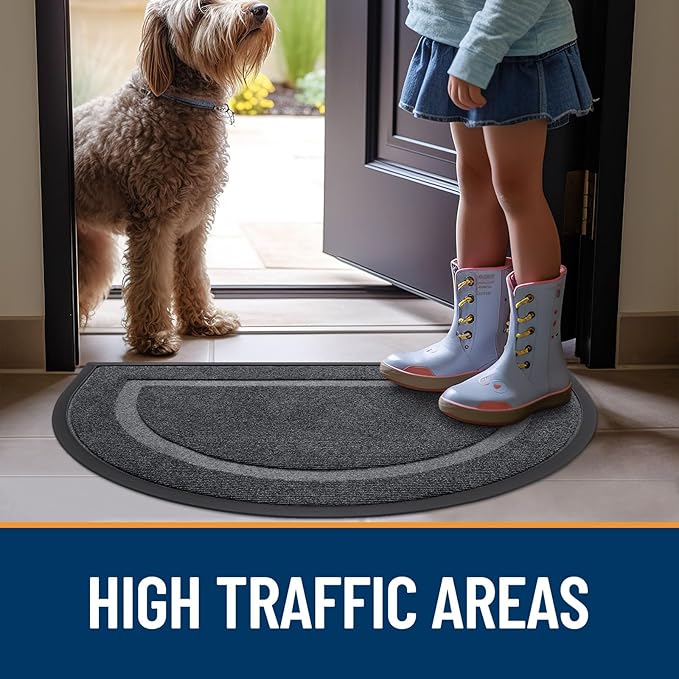 OLANLY Half Circle Front Door Mat Outside 47x32 All-Season Rubber Doormat | Grey, Absorbent, Heavy-Duty, Stain and Fade Resistant, Waterproof Non-Slip Backing, Low-Profile Indoor Outdoor Entryway Mat