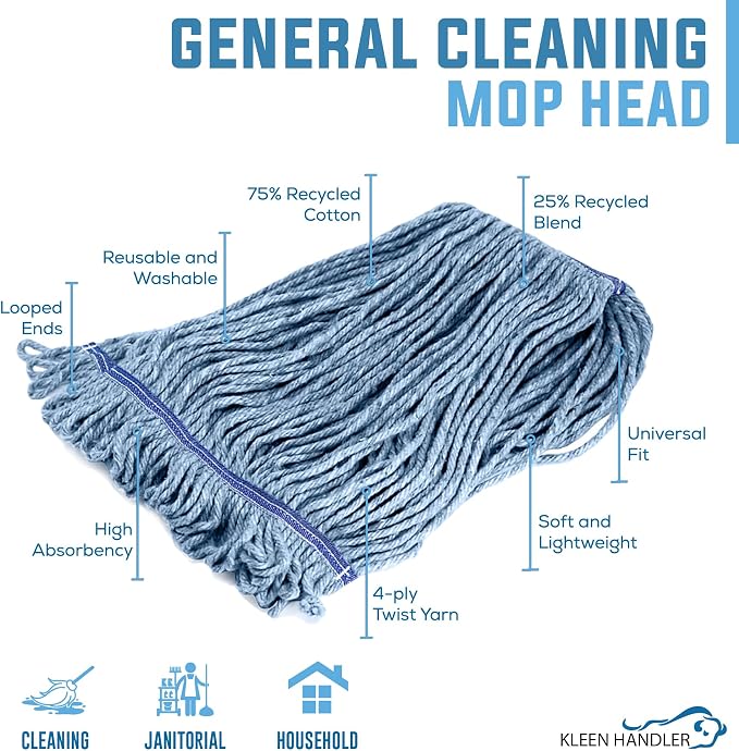 KLEEN HANDLER Heavy Duty Commercial Loop End Mop Head Replacement, 1 Pack | Wet Industrial Cotton Looped-End String Mop Head Refill with Universal Headband for General Floor Cleaning