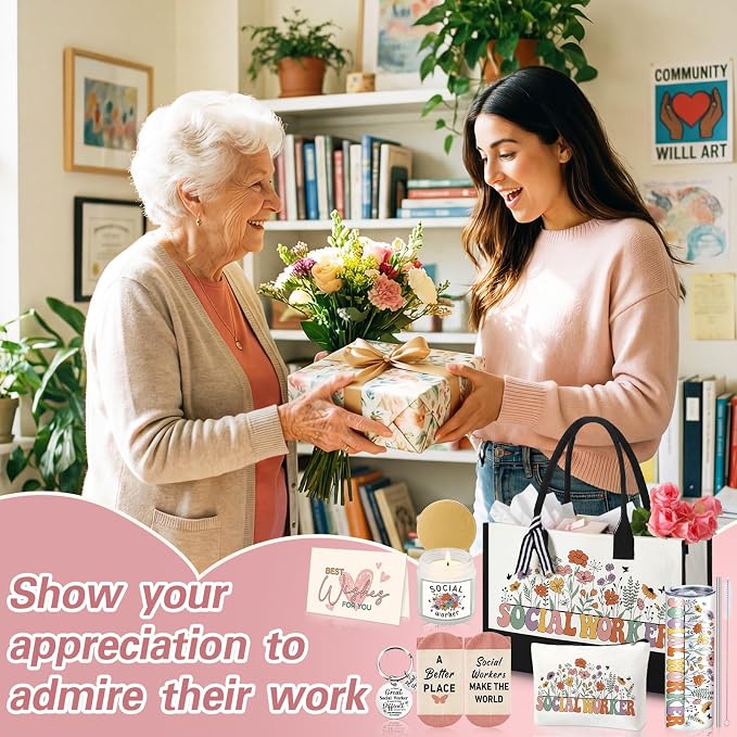 Patelai 7 Pcs Social Worker Appreciation Gift, Worker Must Haves Gifts | with 20 oz Tumbler Tote Bag Candle Socks Makeup Bag Keychain Card for lcsw Bsw Msw Dsw Lcsw Coworker Volunteer Office Supplie