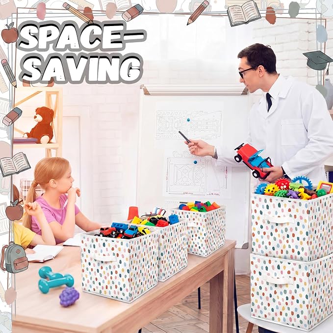 Chunful 6 Pcs 11 Inch Polka Dots Fabric Storage Cube Bin Woven Foldable Storage Cubes for Classroom Basket Bin Classroom Organizer with Handle Decor for Organizing Clothes, Toy, Book