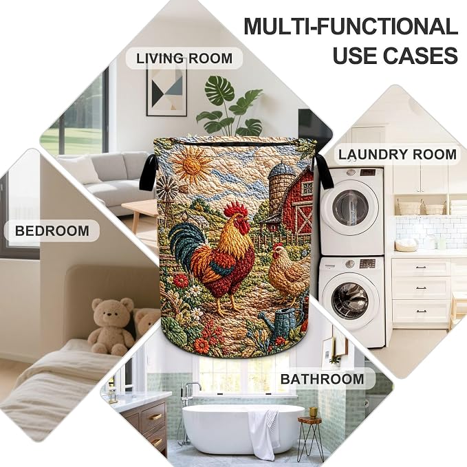 Rooster Print Laundry Basket Foldable Oxford Laundry Hamper With Handle For Room Bathroom Bedroom