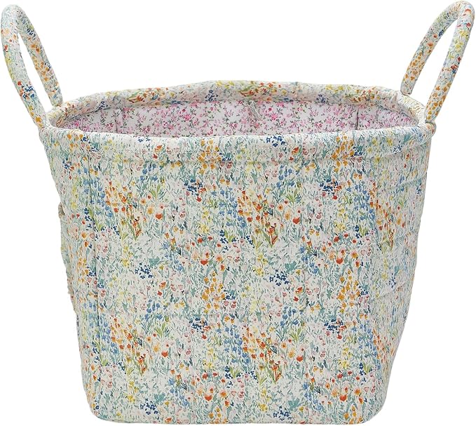Quilted Fabric Storage Basket with Handles & Pocket, Foldable Laundry Hamper Boho Floral Print Organizer Bin for Home, Picnic, Office 12"x10"x10" (A-3)