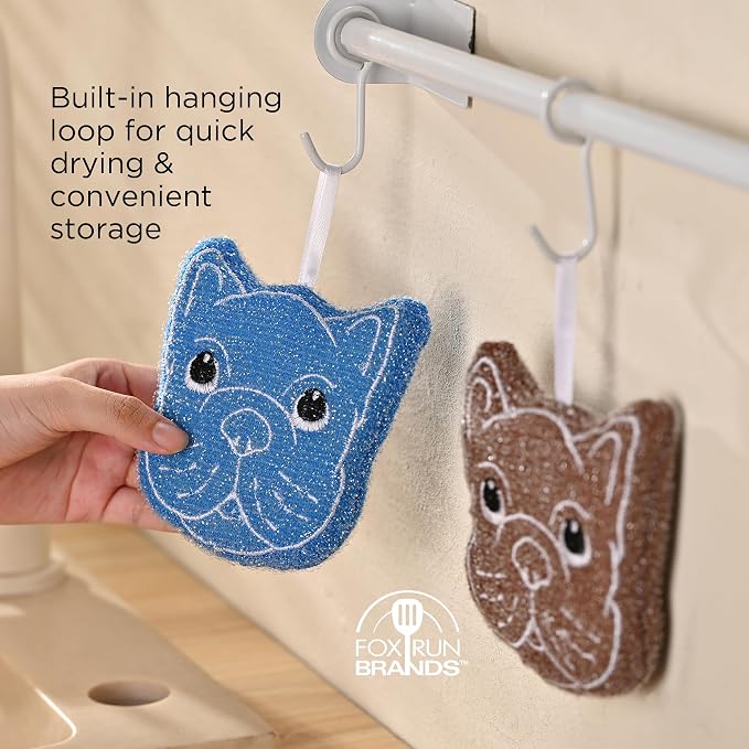 Fox Run Bulldog Kitchen Scrubber Set, Multicolor Pack of 3 Dog Sponges, 4" | Easily Clean Plates, Pots & Glasses | Dish Sponges For Nonstick Pans | Cute Kitchen Décor | Reusable Dog Scrub Sponge Set