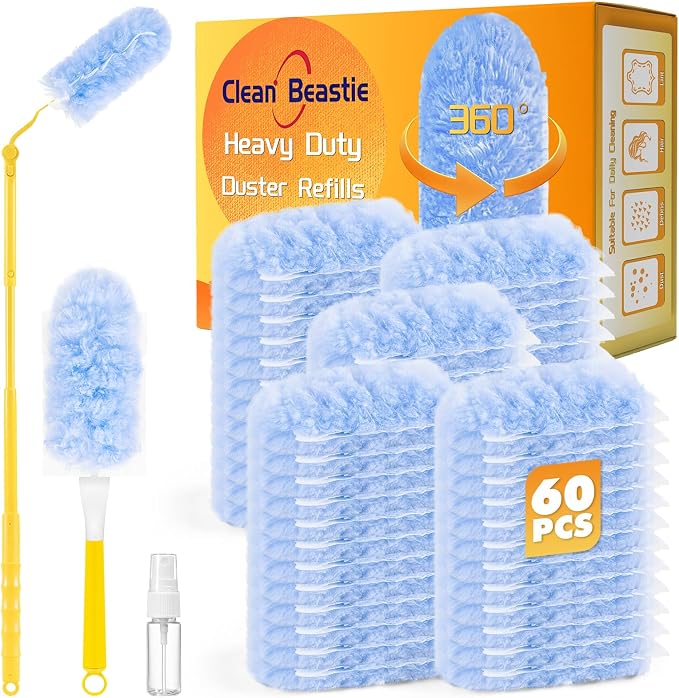 Duster Refills for Swiffer Duster, 60 Count with 2 Handles | 3 FT Extended Handle, 2 Sides 360°, 5X Microfiber, Heavy Duty Disposable Dusters for Cleaning Ceiling Fan, Blinds, Vent
