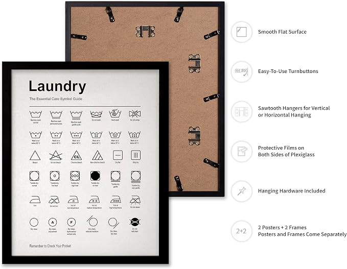 Poster Master 2-Piece Essential Guide for Laundry Print - Stain Removal Poster - Infographic Art - Black & White Design - Symbols & Instructions Art - Laundry Room Decor - 8x10 Black Framed