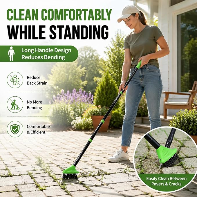 3-in-1 Weed Brush Combo Set with Long Handle, Deck Scrub Brush for Patio, Driveway & Walkway, Crack Cleaning Brush with Wire Bristles and Hook Tool for Pavers, Stone Joints Outdoor (Orange)