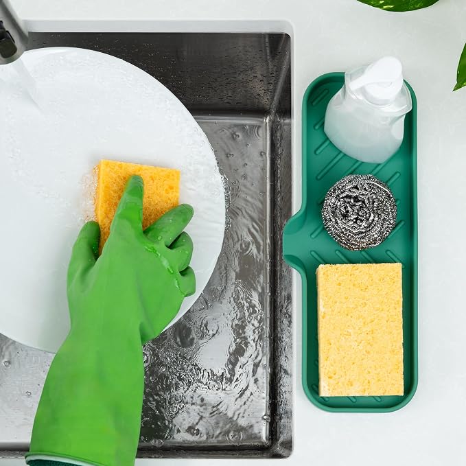 Zulay Kitchen Large Silicone Sponge Holder (12x4) – Flexible Sink Organizer Tray for Kitchen & Bathroom – Multipurpose Soap Dish for Sponges, Makeup, Trinkets & More (Pine Green)