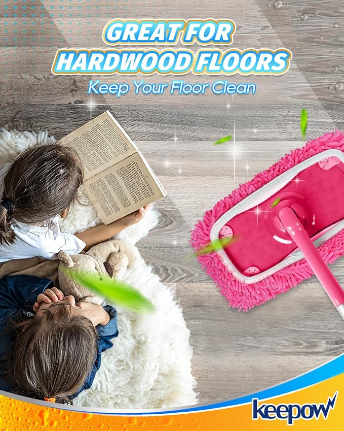 KEEPOW 4Pcs Pink Chenille Reusable Mop Pads Compatible with Swiffer Sweeper | Pink chenille refills for aesthetic home cleaning & color-coding, Washable pet hair pads fit standard 10-12" flat mops