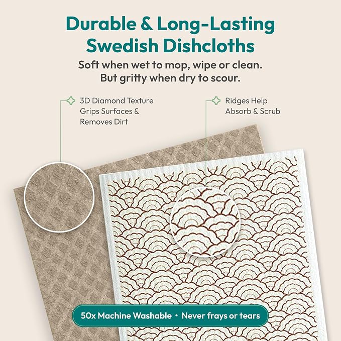 FEBU Swedish Dishcloths for Kitchen, 5 Pack, Stamps | Reusable Paper Towels Washable, Non-Scratch Cellulose Sponge Cloths, No Odor, Biodegradable