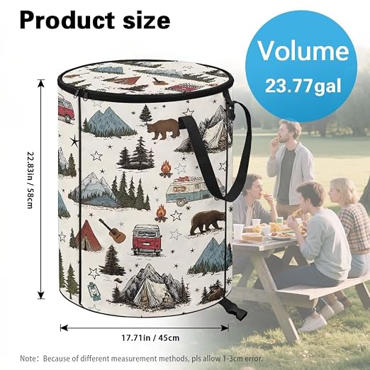 Mountain and Bus Print Camping Trash Can Collapsable 20 Gallon Large Outdoor Trash Can with Lid Waterproof Design Garbage Cans for Car Easy to Use and Clean