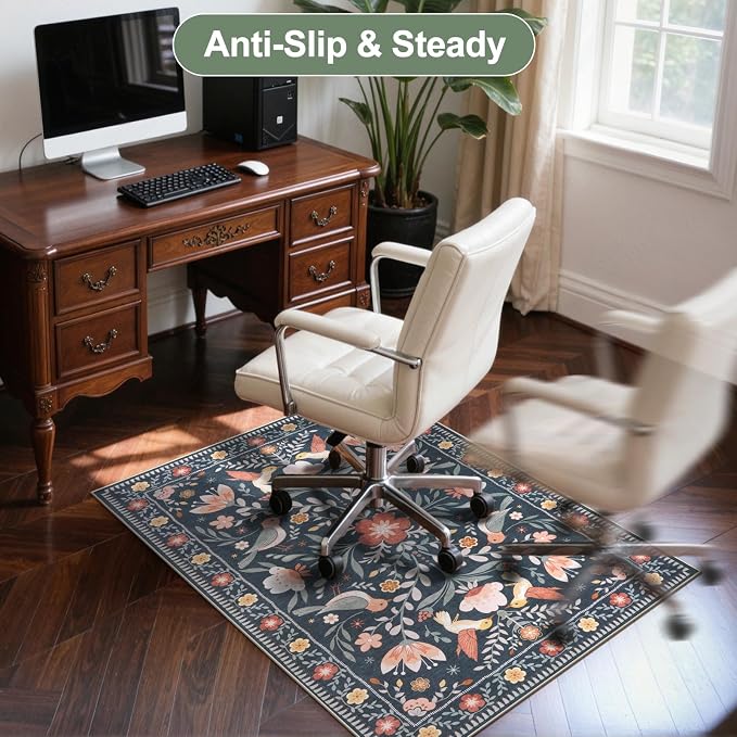 Anidaroel 36"x48" Office Chair Mat for Hardwood Floor, Black Floral Computer Chair Mat, Anti-Slip Vintage Under Desk Rug for Office, Low Pile Bird Bug Office Rugs for Rolling Chairs