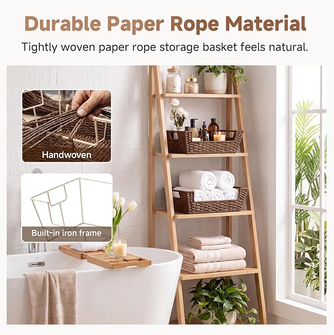 StorageWorks Woven Baskets for Organizing, Large Wicker Storage Basket | Wicker Baskets for Shelves, 2 Pack Snack Basket Organizer, Open Front Basket with Handles, Paper Rope Storage Basket, Brown