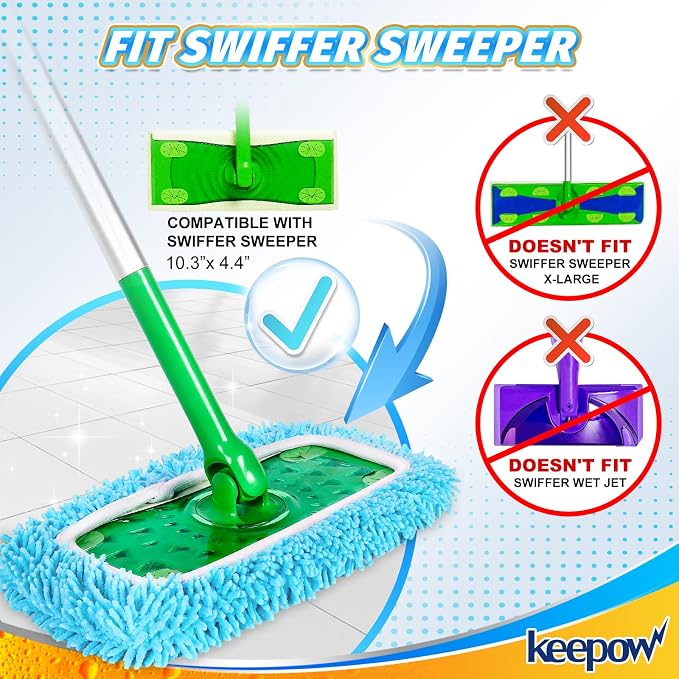 KEEPOW 6 Pack Reusable Microfiber Mop Pads Compatible with Swiffer Sweeper | Chenille, Multi-Color (2 White, 2 Green, 2 Blue) Dry Wet Mopping Refills, Bonus Laundry Bag