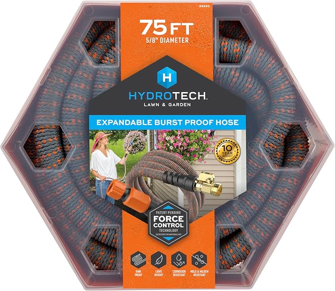 HydroTech 75 ft Expandable Burst-Proof Garden Hose, 5/8 in Diameter | Patented Force Control Technology delivers lightweight, kink-free flexibility, compact storage and dependable durability.