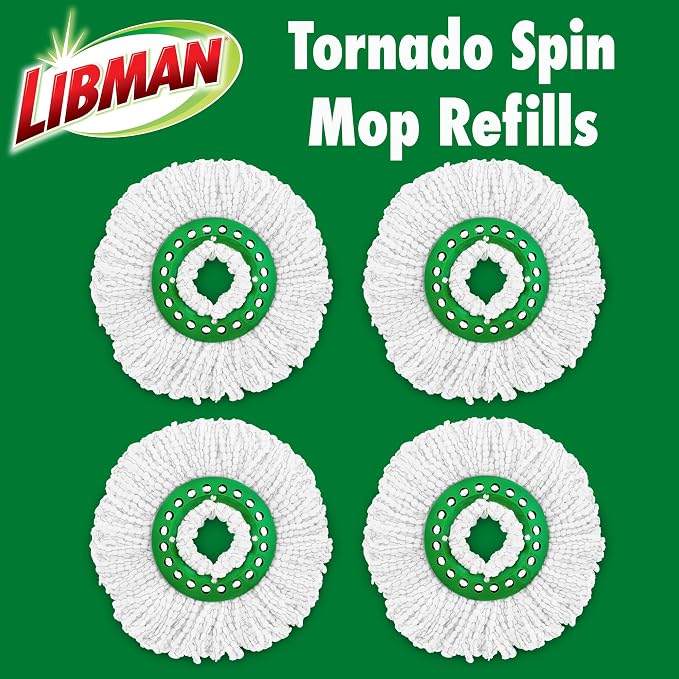 Libman Tornado Spin Mop Refill Microfiber Heads, 4 Pack | Microfiber replacement heads for Libman Tornado Spin Mop System; case pack of 4.