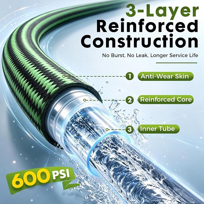 Garden Hose 25FT, Lightweight Flexible Water Hose | Solid Brass Fittings,10 Function nozzle, Wear Resistant, Non-Expandable, Yard, Lawn, Car Washing